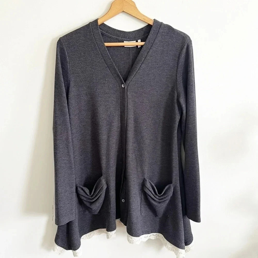 LOGO Lori Goldstein dark gray oversized lace trim waffle knit cardigan size M